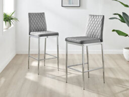 Furniturebox Set Of 2 Milan Grey Diamond-Stiched Soft Touch Velvet Silver Chrome Leg Padded Counter Stools