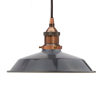 Slate Grey Small Trinity Metal Painted Dome Pendant Light With Antique Copper Lamp Holder And Black Round Cable - Se Home - image 1