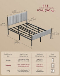 Ledrem King Bed Frame, Upholstered Headboard Metal Platform Bed, Easy Assembly For Bedroom, 150 X 200 Cm, Slate Grey - thumbnail 5