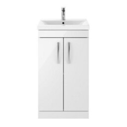 Dezine Hamble 500mm Gloss White Floor Standing 2 Door Vanity Unit, With Basin - thumbnail 1