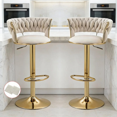 Set Of 2 Luxury Velvet & Gold Adjustable Swivel Bar Stools For Kitchen & Bar - image 1