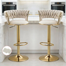 Set Of 2 Luxury Velvet & Gold Adjustable Swivel Bar Stools For Kitchen & Bar - thumbnail 1