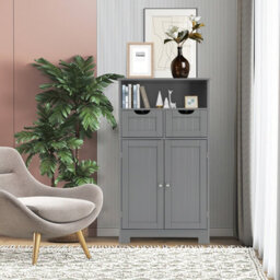 Costway Bathroom Floor Cabinet Wooden Kitchen Storage Cupboard W/ Adjustable Shelf & Doors - thumbnail 3