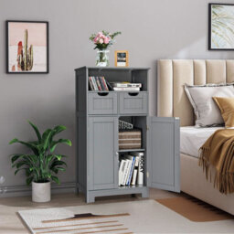 Costway Bathroom Floor Cabinet Wooden Kitchen Storage Cupboard W/ Adjustable Shelf & Doors - thumbnail 5