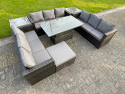 Fimous U Shape Rattan Gardern Furniture Dining Sofa Set 2 Side Coffee Table Adjustable Rising Table Extra Big Foostool - thumbnail 6