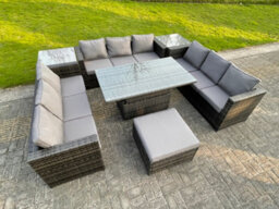 Fimous U Shape Rattan Gardern Furniture Dining Sofa Set 2 Side Coffee Table Adjustable Rising Table Extra Big Foostool - thumbnail 2