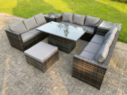 Fimous U Shape Rattan Gardern Furniture Dining Sofa Set 2 Side Coffee Table Adjustable Rising Table Extra Big Foostool - thumbnail 3
