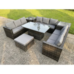 Fimous U Shape Rattan Gardern Furniture Dining Sofa Set 2 Side Coffee Table Adjustable Rising Table Extra Big Foostool - thumbnail 1
