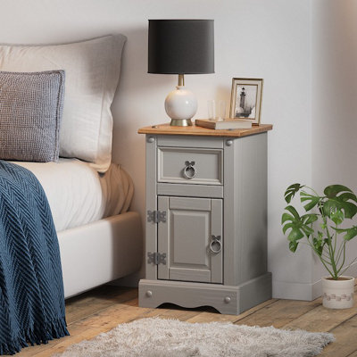 Mercers Furniture Corona Grey Wax Narrow Pot Cupboard Bedside Cabinet 1 Door 1 Drawer Table Solid Pine With Mexican Styling - image 1