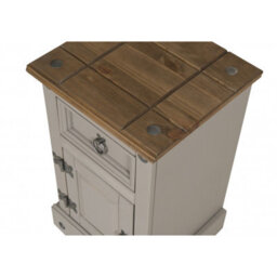 Mercers Furniture Corona Grey Wax Narrow Pot Cupboard Bedside Cabinet 1 Door 1 Drawer Table Solid Pine With Mexican Styling - thumbnail 3