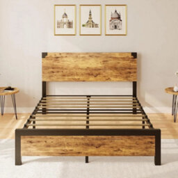 Industrial Queen Size Bed Frame Metal Platform Bed Foundation Brown - thumbnail 1