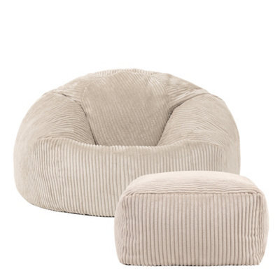 icon Kingston Cord Adults Bean Bag Chair And Pouffe, Ready Filled Beanbag And Footstool Stone Beige - image 1