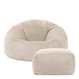 icon Kingston Cord Adults Bean Bag Chair And Pouffe, Ready Filled Beanbag And Footstool Stone Beige