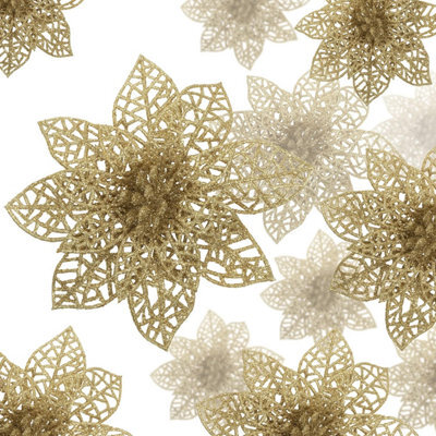 Festive Fix Poinsettia Christmas Decorations 24 Pack Gold Glitter Flowers Mixed Sizes 3 4 6 Inch For Tree Wreath Garland Displays - image 1