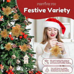 Festive Fix Poinsettia Christmas Decorations 24 Pack Gold Glitter Flowers Mixed Sizes 3 4 6 Inch For Tree Wreath Garland Displays - thumbnail 4