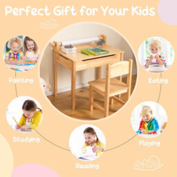 Costway Kids Desk And Chair Set Wooden Toddler Craft Table Lift-Top With Paper Roll - thumbnail 8