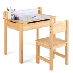 Costway Kids Desk And Chair Set Wooden Toddler Craft Table Lift-Top With Paper Roll - thumbnail 2