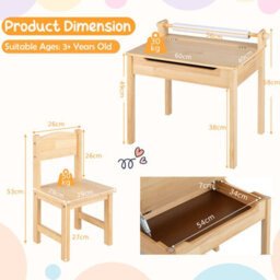 Costway Kids Desk And Chair Set Wooden Toddler Craft Table Lift-Top With Paper Roll - thumbnail 3