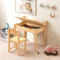 Costway Kids Desk And Chair Set Wooden Toddler Craft Table Lift-Top With Paper Roll - thumbnail 4