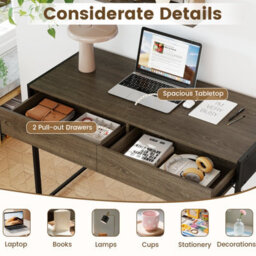 Costway Computer Desk 111 X 48 Cm Compact Writing Desk With 2 Drawers-Grey - thumbnail 7