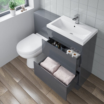 Aveli 600mm Bathroom Drawer Vanity Unit Basin Toilet Soft Close Seat Modern Gloss Grey - image 1