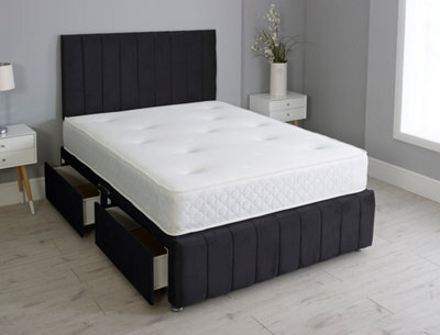 Comfy Deluxe 4Ft6 Double Panel Black Plush Divan Bed Set Headboard & Footboard 2 Drawers Right Side - image 1