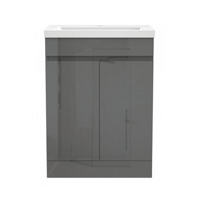Sline 600mm Gloss Anthracite Bathroom Vanity Unit With Basin Double Door Floor Standing Design Flat Packed - image 1
