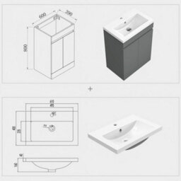 Sline 600mm Gloss Anthracite Bathroom Vanity Unit  With Basin  Double Door Floor Standing Design Flat Packed - thumbnail 2