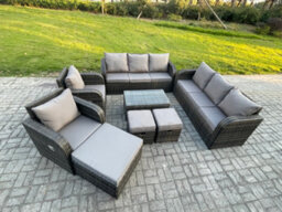 Fimous Rattan Outdoor Garden Furniture Sofa Set Patio Table & Chairs Set With Reclining Chair 3 Footstools 3 Seater Sofa - thumbnail 2