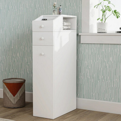 White Slim Narrow Wooden Bathroom Floor Cabinet With Drawers - image 1