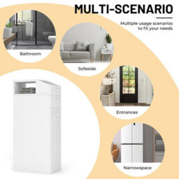 White Slim Narrow Wooden Bathroom Floor Cabinet With Drawers - thumbnail 4