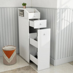 White Slim Narrow Wooden Bathroom Floor Cabinet With Drawers - thumbnail 3