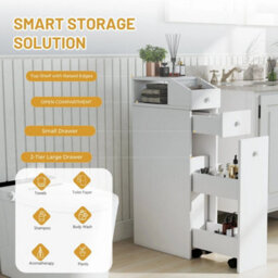 White Slim Narrow Wooden Bathroom Floor Cabinet With Drawers - thumbnail 5