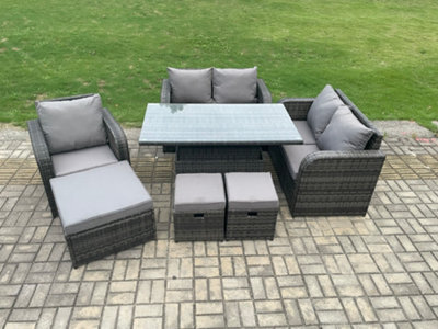 Fimous Rattan Furniture Garden Dining Set Outdoor Height Adjustable Rising Lifting Table Love Sofa Chair With 3 Footstools - image 1