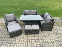 Fimous Rattan Furniture Garden Dining Set Outdoor Height Adjustable Rising Lifting Table Love Sofa Chair With 3 Footstools - thumbnail 1