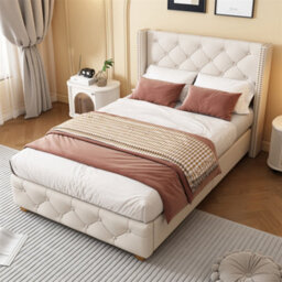 Abrihome Upholstered Bed, With Slatted Frame And Headboard, Button Upholstery, Rivet Upholstery, Wooden Legs, 90X190Cm, Linen, Beige