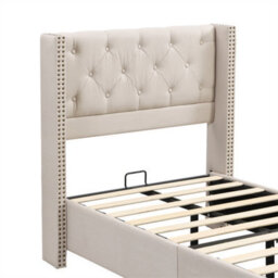 Abrihome Upholstered Bed, With Slatted Frame And Headboard, Button Upholstery, Rivet Upholstery, Wooden Legs, 90X190Cm, Linen, Beige - thumbnail 5