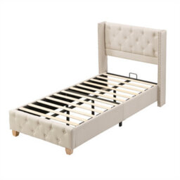 Abrihome Upholstered Bed, With Slatted Frame And Headboard, Button Upholstery, Rivet Upholstery, Wooden Legs, 90X190Cm, Linen, Beige - thumbnail 4
