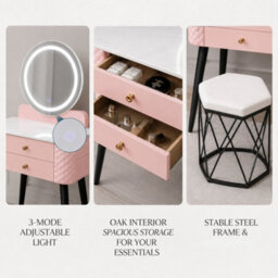 Sliding Wardrobes 4 u LTD Luxury Dressing Table With Led Touch Mirror & Upholstered Stool - Pink (60 X 40 X 127Cm) - thumbnail 2