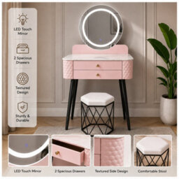 Sliding Wardrobes 4 u LTD Luxury Dressing Table With Led Touch Mirror & Upholstered Stool - Pink (60 X 40 X 127Cm) - thumbnail 3