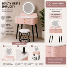 Sliding Wardrobes 4 u LTD Luxury Dressing Table With Led Touch Mirror & Upholstered Stool - Pink (60 X 40 X 127Cm) - thumbnail 4
