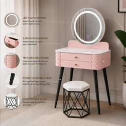 Sliding Wardrobes 4 u LTD Luxury Dressing Table With Led Touch Mirror & Upholstered Stool - Pink (60 X 40 X 127Cm) - thumbnail 5