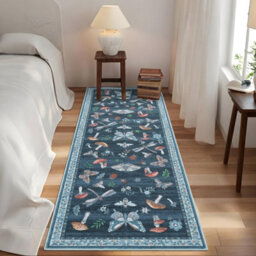 London Boutique 60X180Cm Mushroom Butterfly Runner Rug, Washable Non-Slip Low Pile Carpet For Nursery, Bedroom, Living Room, Blue - thumbnail 3