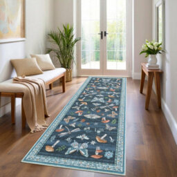 London Boutique 60X180Cm Mushroom Butterfly Runner Rug, Washable Non-Slip Low Pile Carpet For Nursery, Bedroom, Living Room, Blue - thumbnail 1