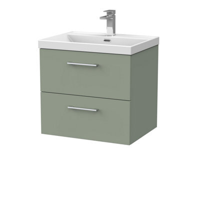 Balterley Pershall Contemporary Wall Hung 2 Drawer Vanity Unit With Thin-Edge Ceramic Basin, 600mm, Reed Green - image 1