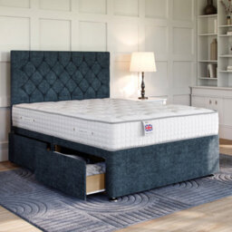 Divan Base Direct Chenille Navy Platform Top Divan Bed No Storage Base 2Ft6 Small Single + Chesterfield Floor Standing Headboard - thumbnail 1