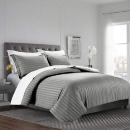 Ameha Stripe Duvet Set With Pillowcase Reversible Bedding & Breathable Microfiber Quilt Cover Grey Super King Size 260X220Cm - thumbnail 8