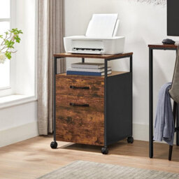File Cabinet With Drawers, Rolling Office Filing Cabinet, Open Compartment, Steel, Industrial, Rustic Brown And Black