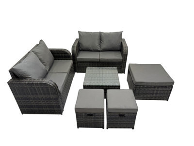 Fimous Rattan Garden Outdoor Furniture Set Love Sofa Square Coffee Table Set With 3 Stools Dark Grey Mixed - image 1