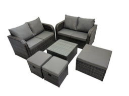 Fimous Rattan Garden Outdoor Furniture Set Love Sofa Square Coffee Table Set With 3 Stools Dark Grey Mixed - thumbnail 2